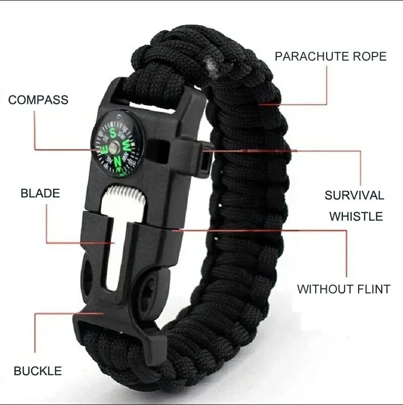 4 in 1 Men Women Paracord Outdoor Survival Bracelet Multi-function Camping Rescue Emergency Rope Bangles Compass Whistle Knife