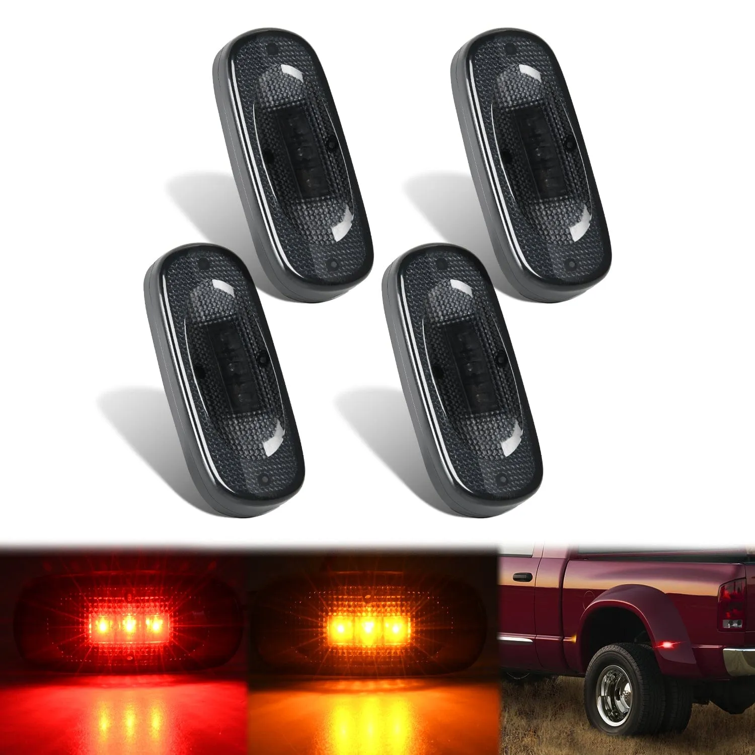 4 PCS 3 LED Red Amber Wheel Fender Side Marker Lights Smoked Lens Light Compatible With 2003-2009 Dodge Ram 1500 2500 3500 Super Duty