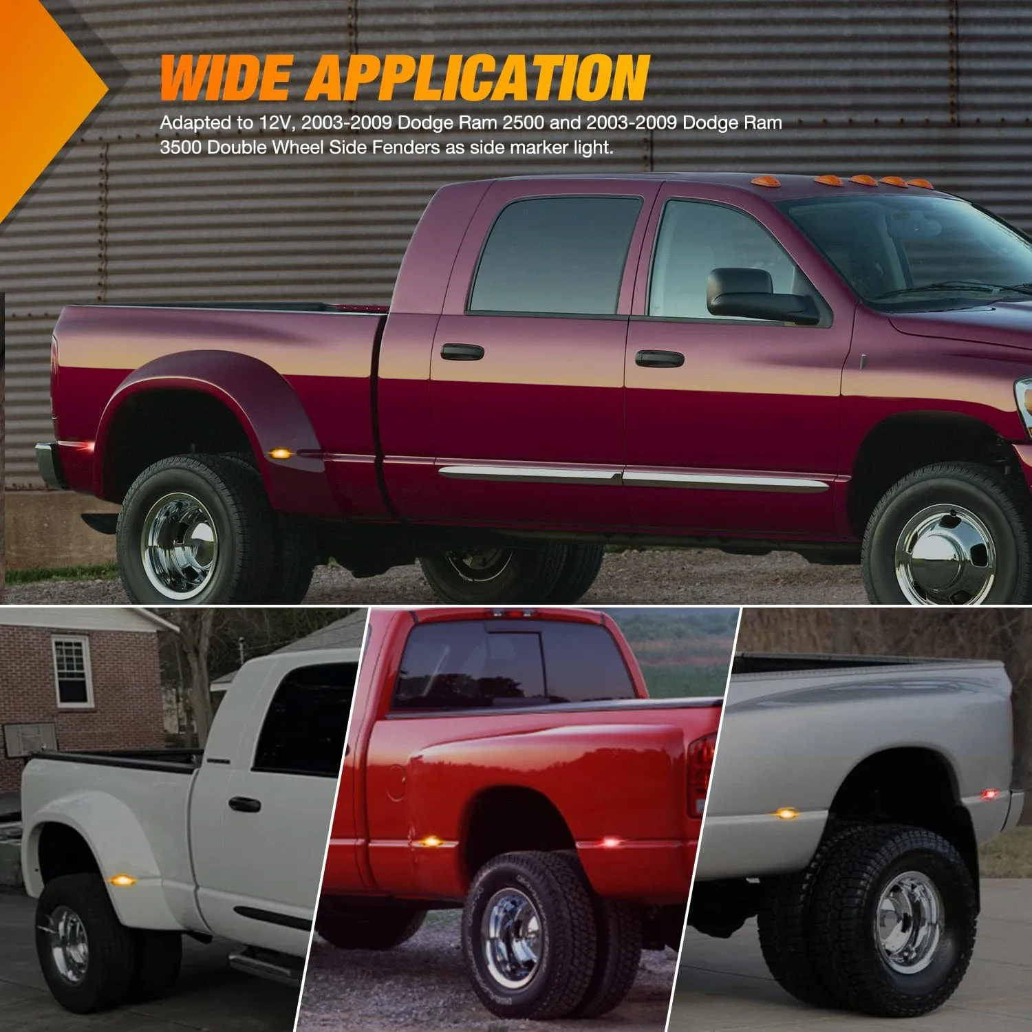 4 PCS 3 LED Red Amber Wheel Fender Side Marker Lights Smoked Lens Light Compatible With 2003-2009 Dodge Ram 1500 2500 3500 Super Duty