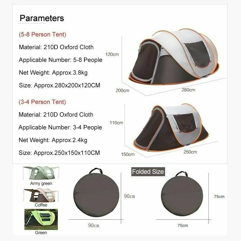 5-8 Person Instant Pop-Up Camping Tent Khaki Waterproof Automatic Family Shelter
