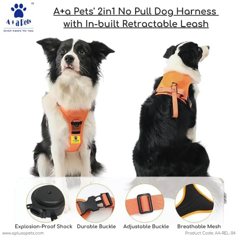 A a Pets' 2in1 No Pull Dog Harness, Built Retractable Dog Leash - Red