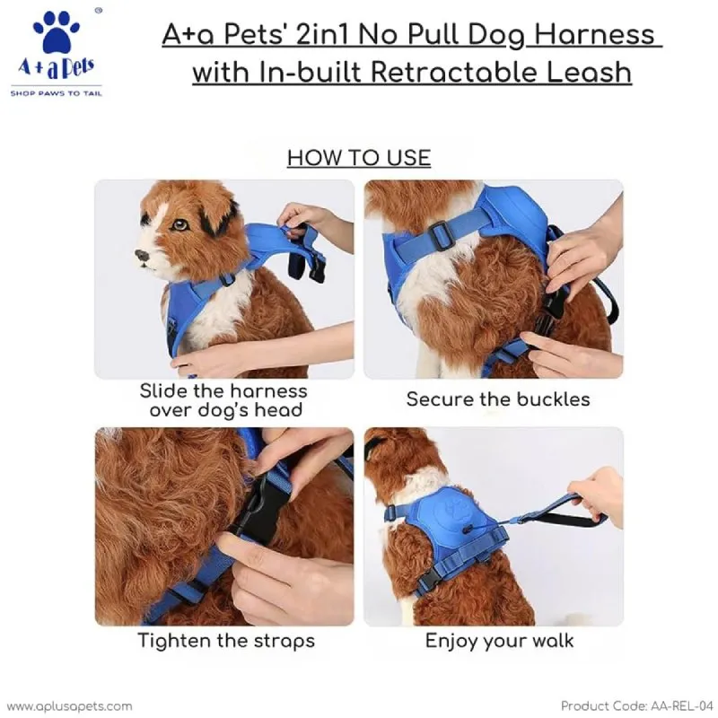 A a Pets' 2in1 No Pull Dog Harness, Built Retractable Dog Leash - Red