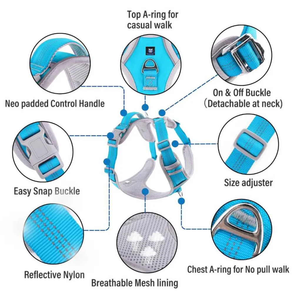 Hank 3M Reflective Harness for Puller Dogs (Grey/Cyan Blue)