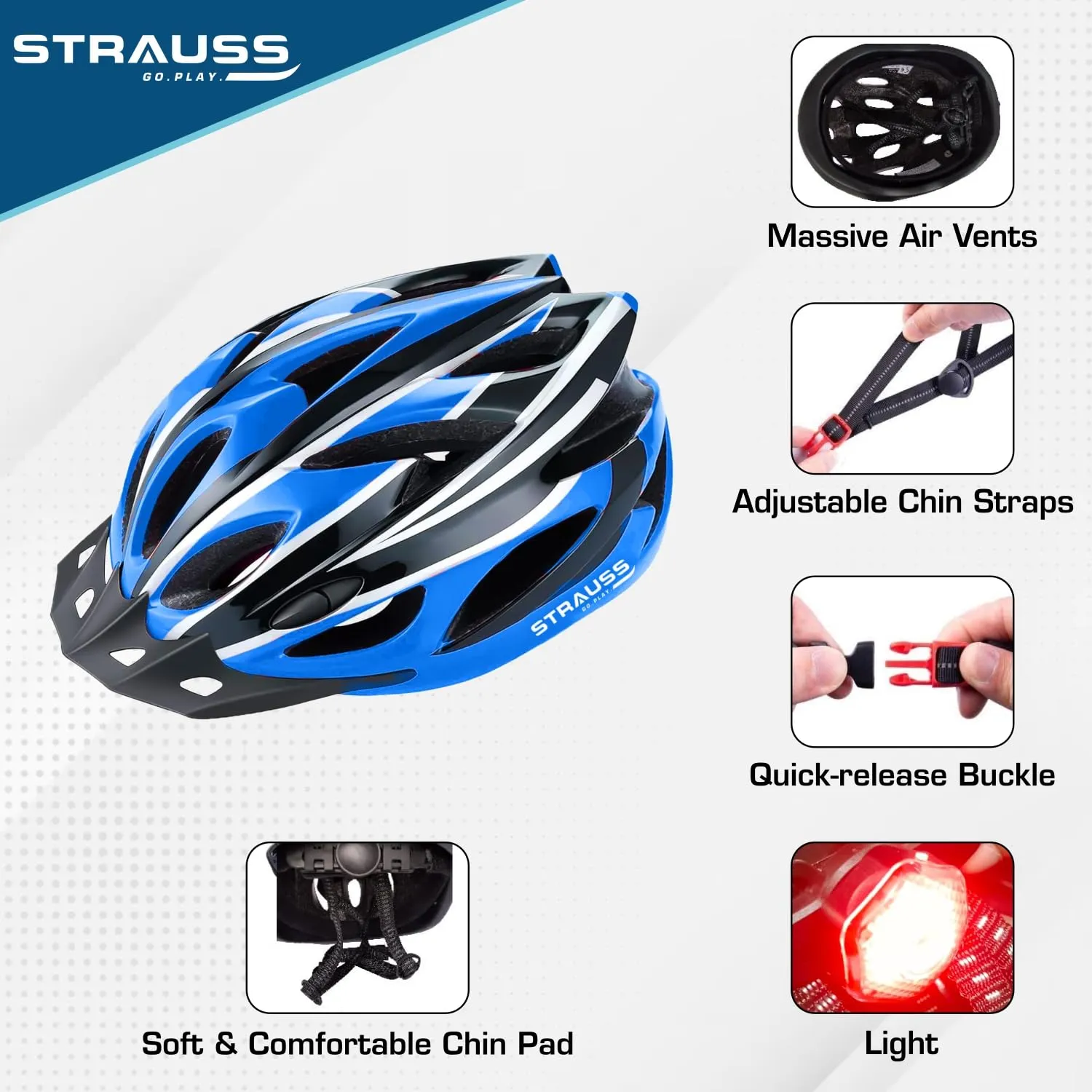 Strauss Adjustable Cycling & Skating Helmet with Detachable Visor & Safety Light | Light Weight with Ventilation | Adjustable Strap, Comfortable Chin Pad | Ideal for Men, Women & Kids (Black/Blue)