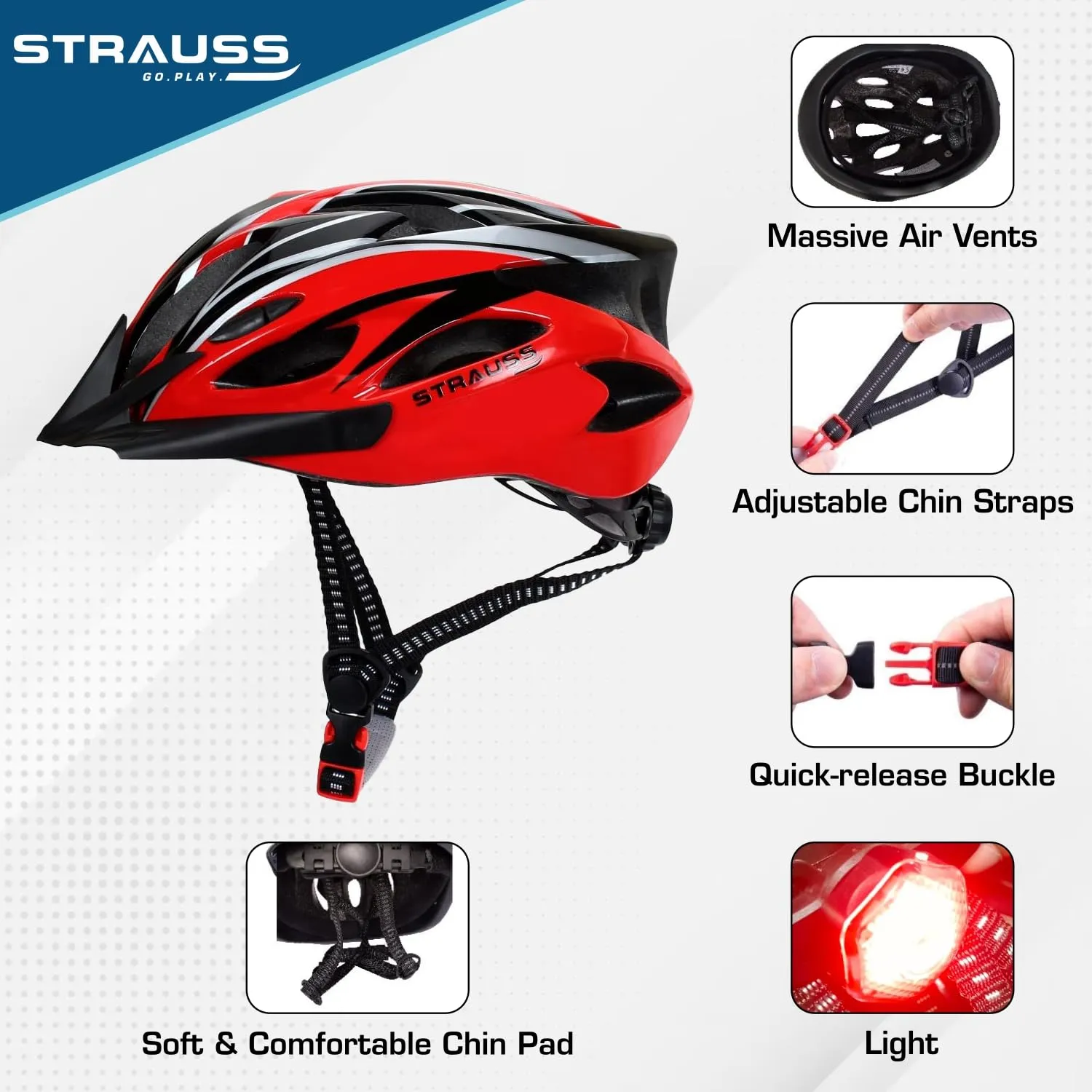 Strauss Adjustable Cycling & Skating Helmet with Detachable Visor & Safety Light | Light Weight with Ventilation | Adjustable Strap, Comfortable Chin Pad | Ideal for Men, Women & Kids (Black/Red)