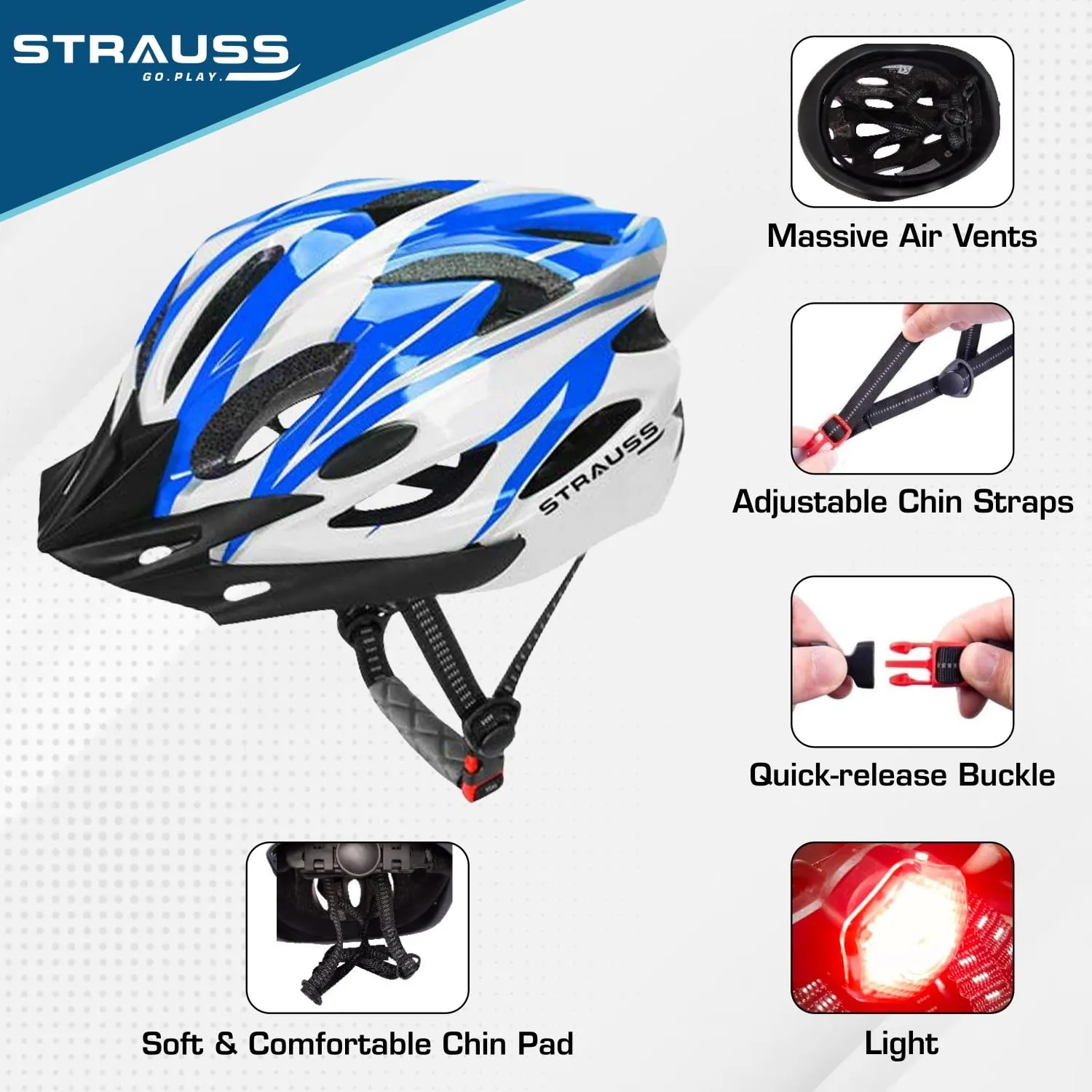 Strauss Adjustable Cycling & Skating Helmet with Detachable Visor & Safety Light | Light Weight with Ventilation | Adjustable Strap, Comfortable Chin Pad | Ideal for Men, Women & Kids (Blue/White)