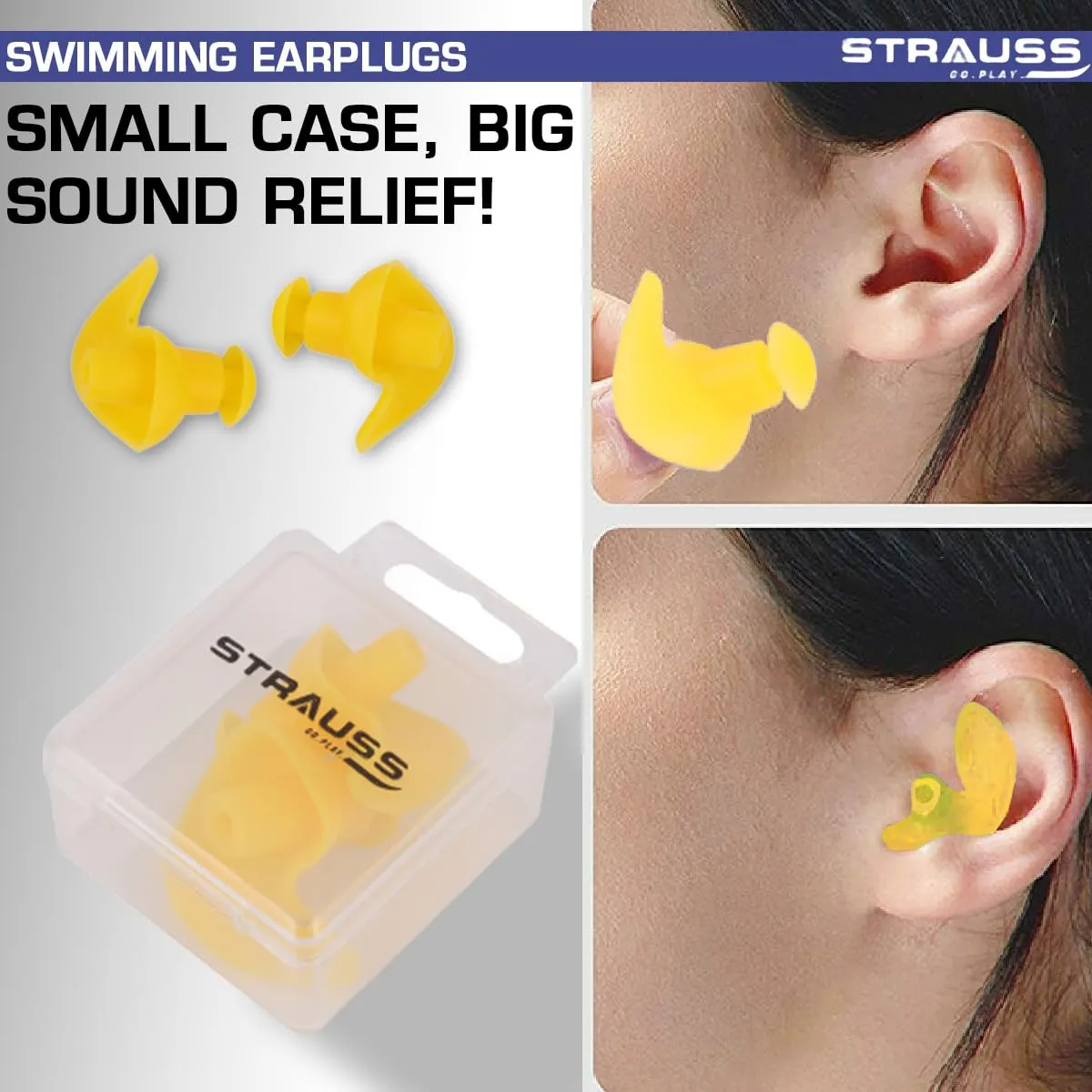 Strauss Swimming Earplugs | Waterproof and Reusable Silicone Swimming Ear Plugs|Noise Cancellation, Soundproof Earplug Can Be Used For Swimming,Flight Travel and| Suitable for Kids and Adults,(Yellow)