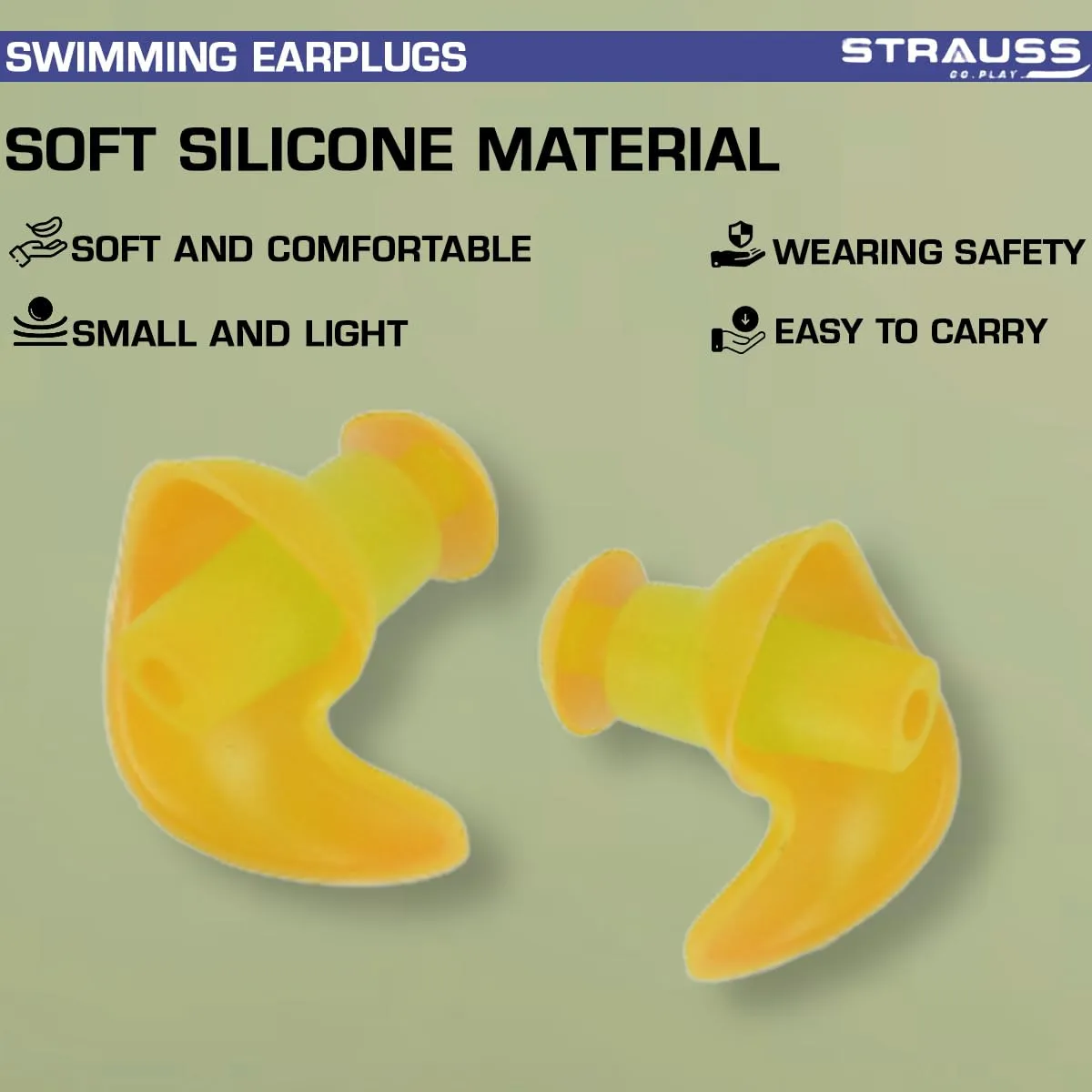 Strauss Swimming Earplugs | Waterproof and Reusable Silicone Swimming Ear Plugs|Noise Cancellation, Soundproof Earplug Can Be Used For Swimming,Flight Travel and| Suitable for Kids and Adults,(Yellow)