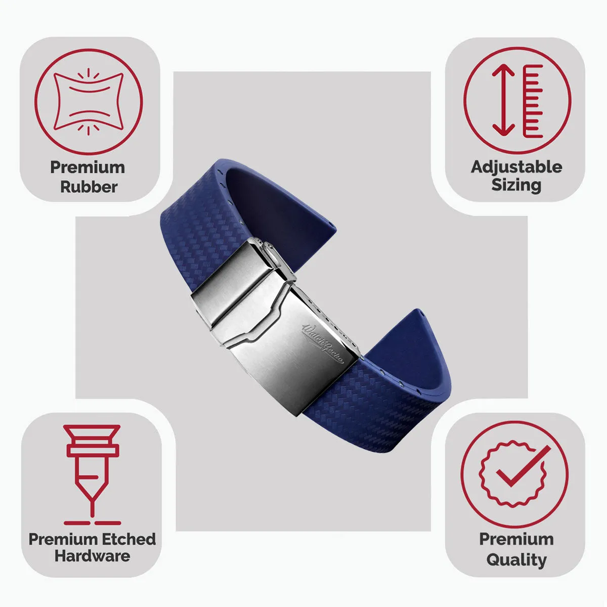 WatchGecko 400 Italian Rubber Divers Reversible Watch Strap - Navy Blue - Brushed Buckle